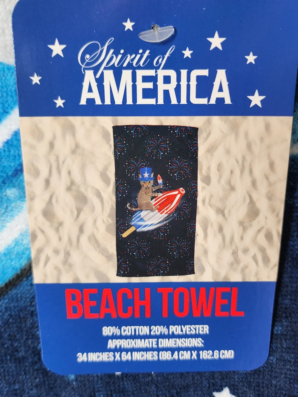 Patriotic Cat Rocket Beach Towel - Blue Red White
